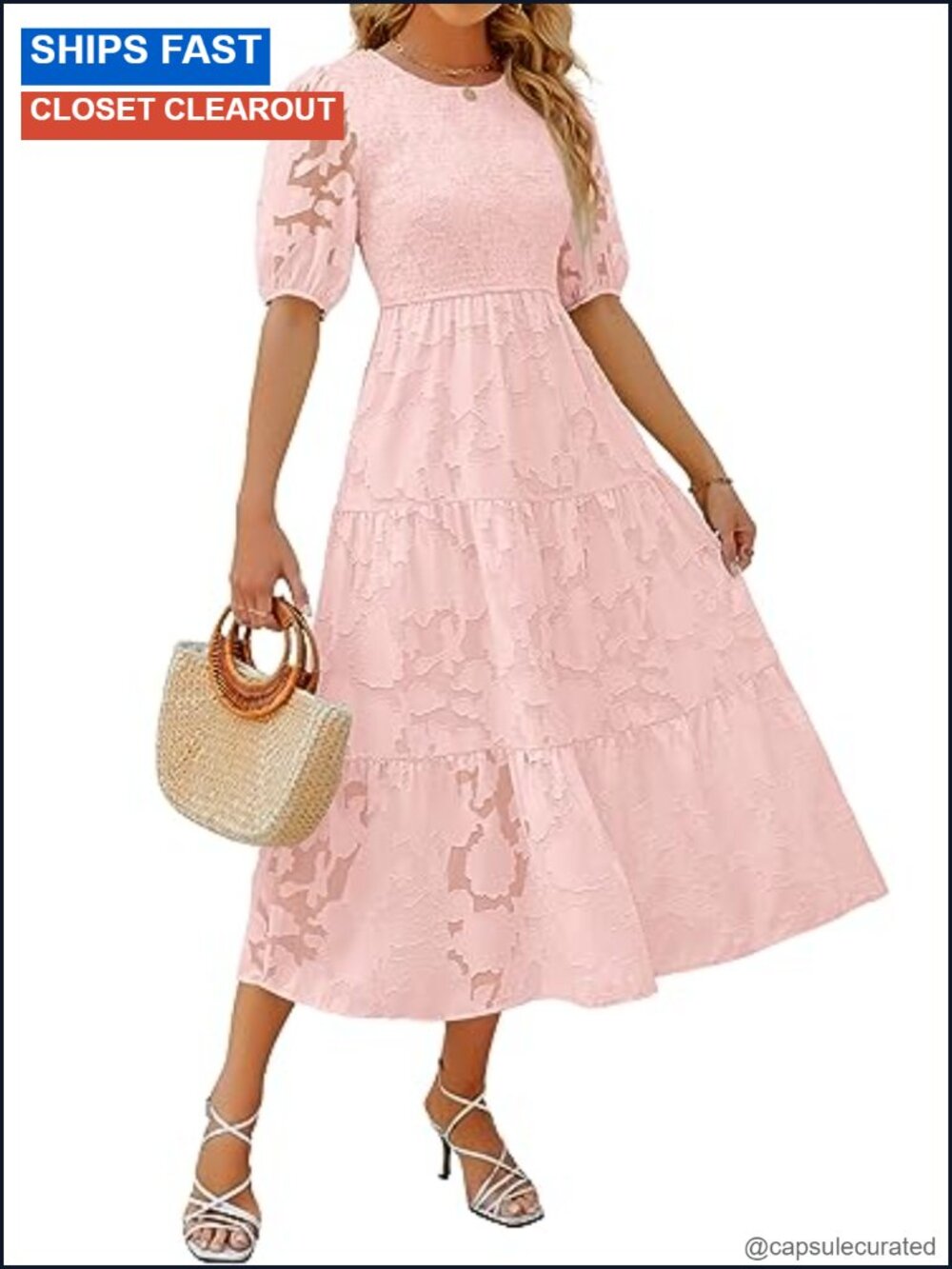 Womens Floral Lace Maxi Dress Short Puff Sleeve Smocked Summer